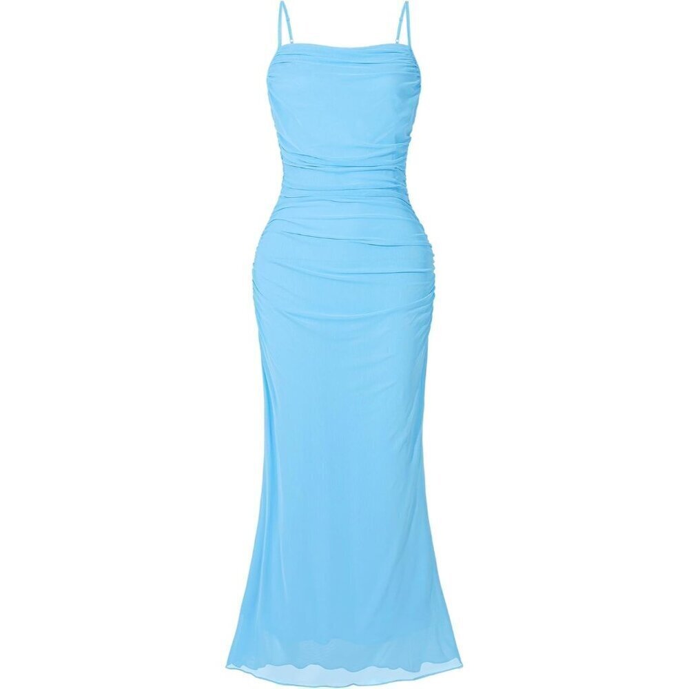 ๐ Women Blue Mesh Sexy Cami Long Dresses Floral Slip Maxi RuchedSummer Bodycon